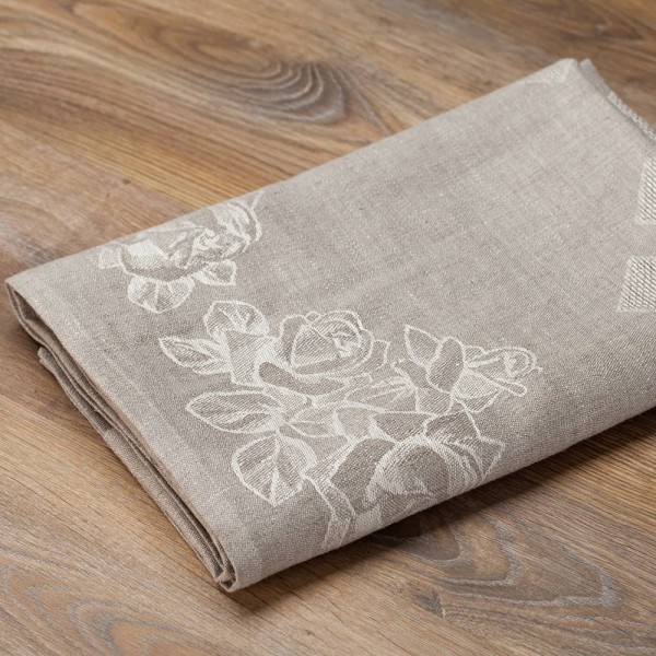 Embroidered Roses Linen Tablecloth natural gray