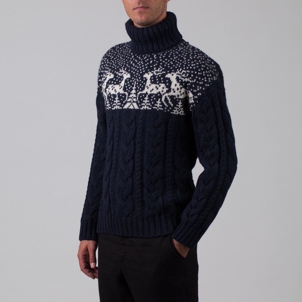 Silvester Wool Blend Cable Polo Neck wtite Jumper dark blue