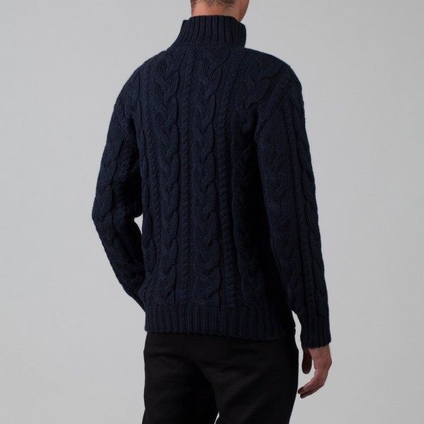 Brian Wool Blend Cable Button Neck Jumper blue