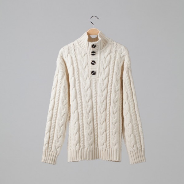 Brian Wool Blend Cable Button Neck Jumper white