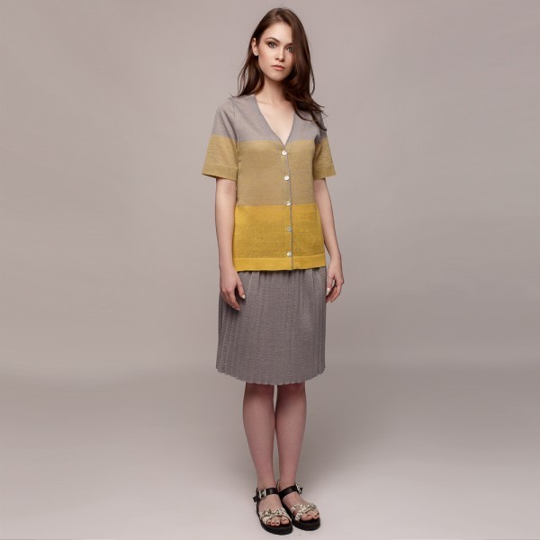 Zlata V-neck short sleeve linen cardigan gray-yellow