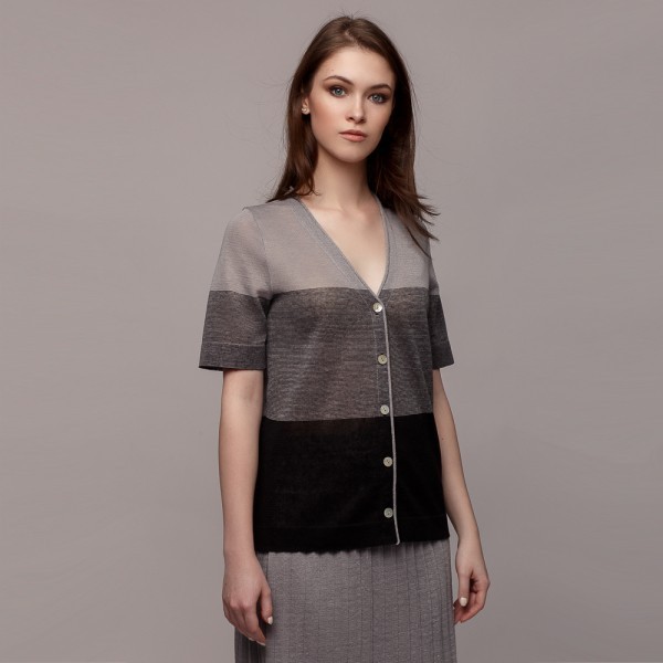 Zlata V-neck short sleeve linen cardigan black-gray