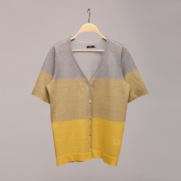 Zlata V-neck short sleeve linen cardigan gray-yellow