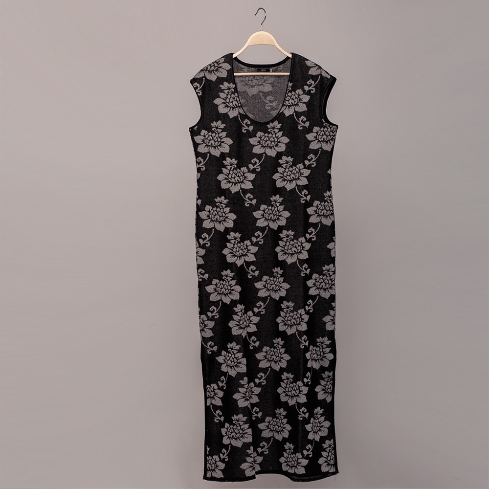 Dylma flower print knit linen Dress black