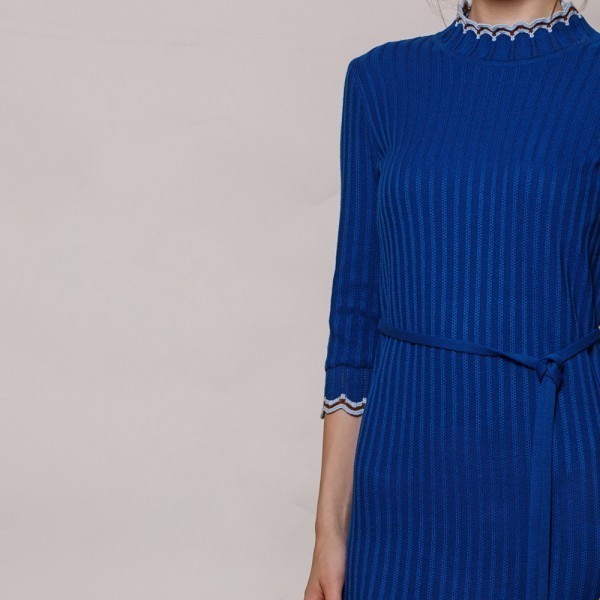Andria wool knit dress with ribbon belt blue