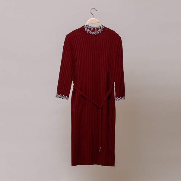 Andria wool knit dress with ribbon belt bordo