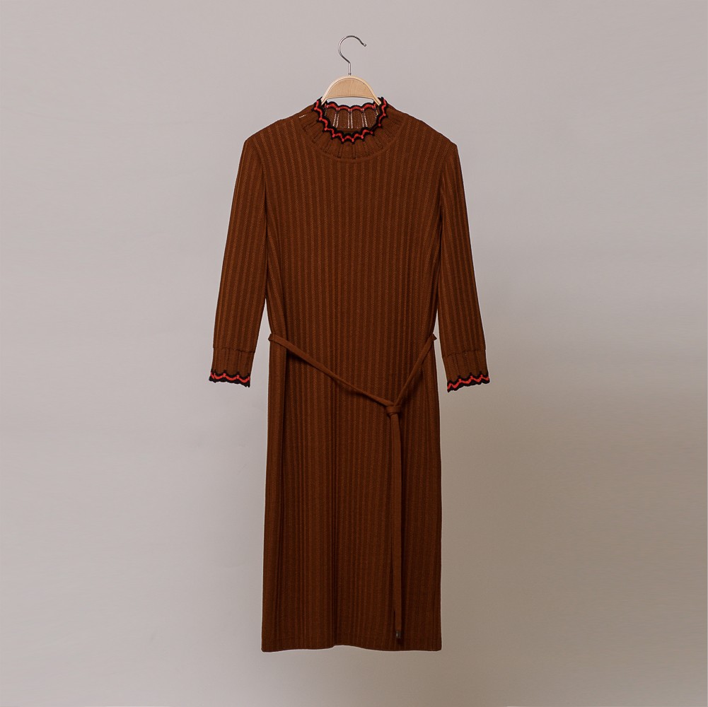 Andria wool knit dress with ribbon belt brown