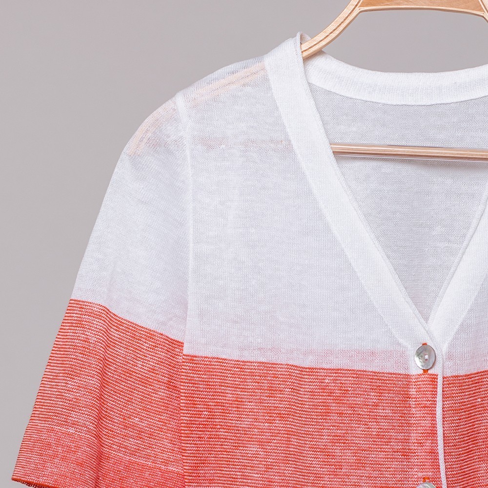 Zlata V neck short sleeve linen cardigan orange white Zlata V neck short sleeve linen cardigan orange white