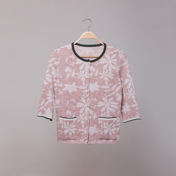 Magaly O-neck jacquard knit short sleeve light pink cardigan