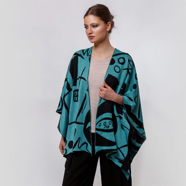 Skarlet linen with geometric pattern poncho turquoise-black