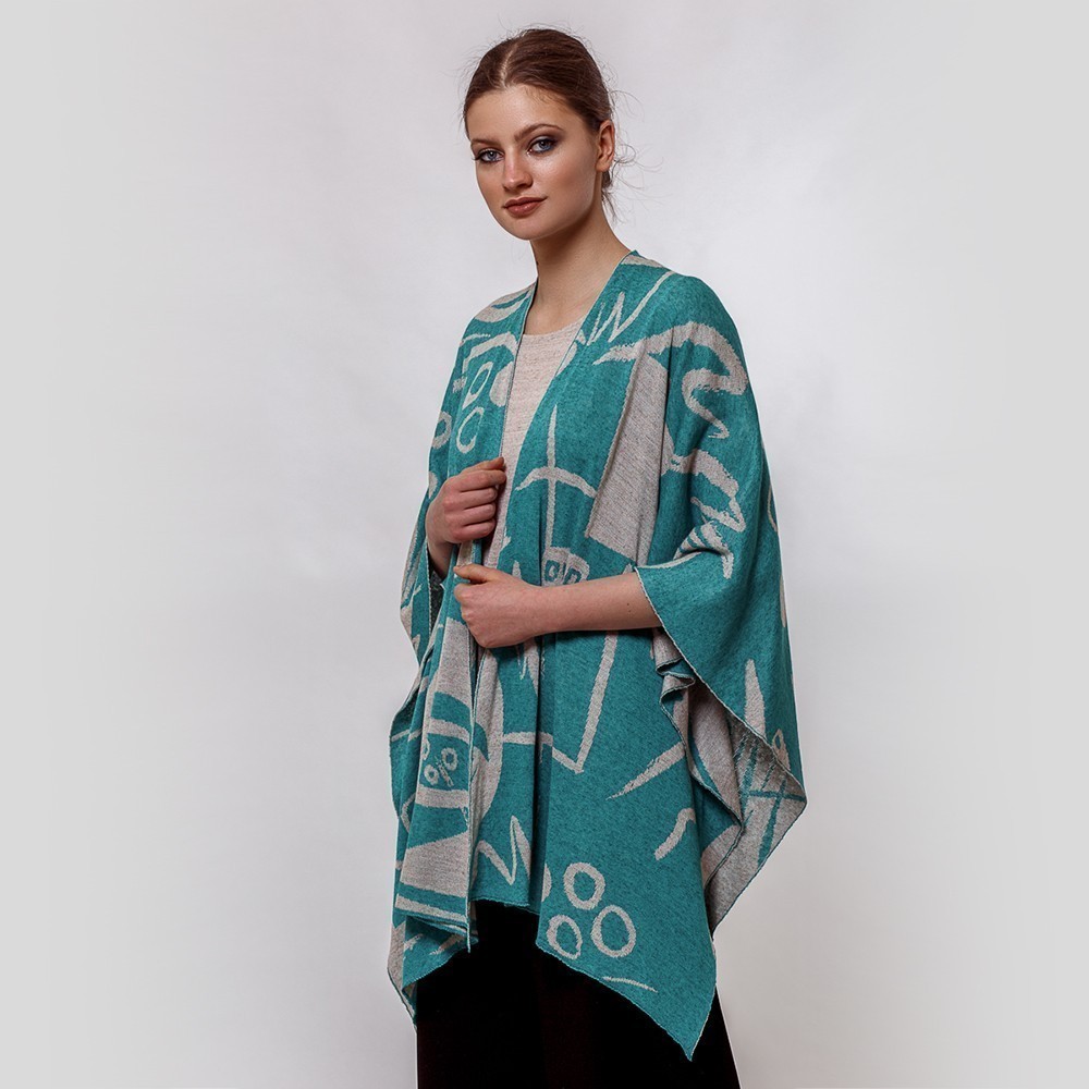 Skarlet linen with geometric pattern poncho turquoise-natural