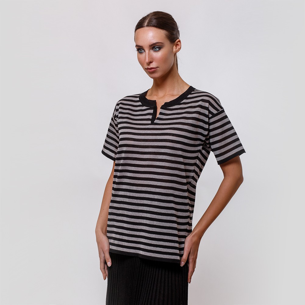 Veronika pure linen black stripe knit top
