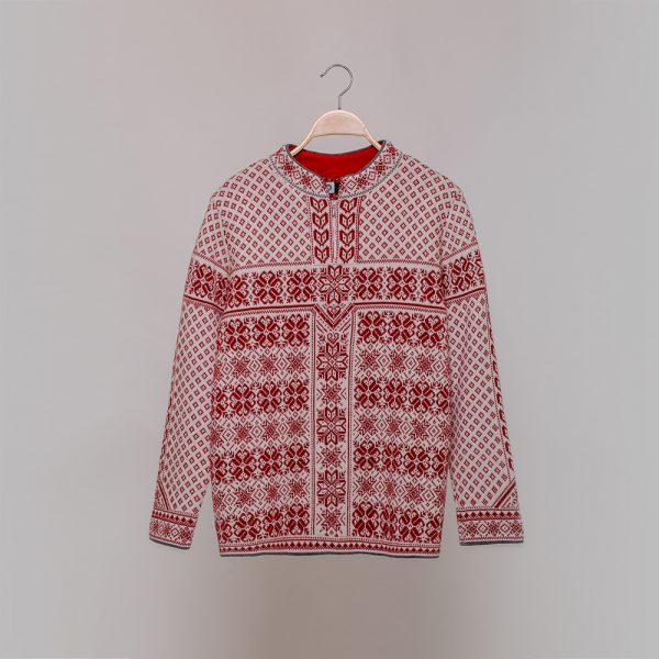Berga zip-up high neck sweater with scandinavian jacquard knit red white