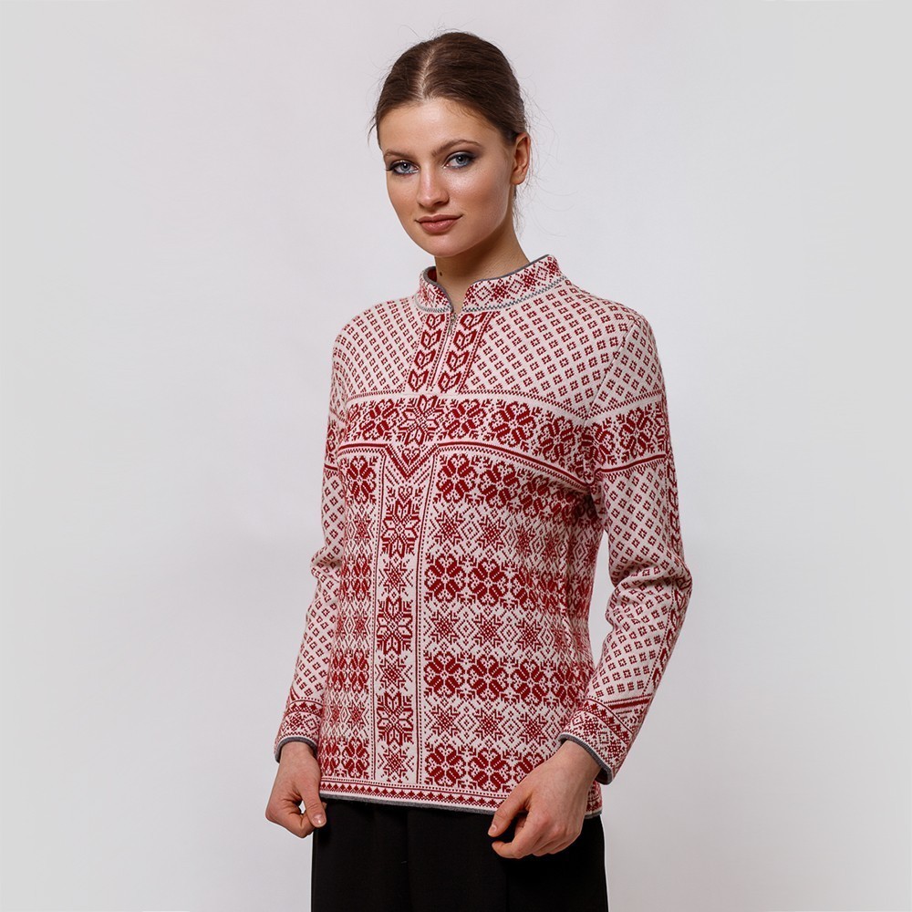 Berga пуловер с воротником на молнии и скандинавским узором красно-белого цвета