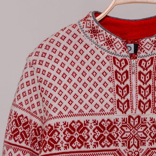 Berga zip-up high neck sweater with scandinavian jacquard knit red white