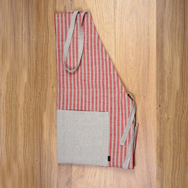 Striped print red linen apron