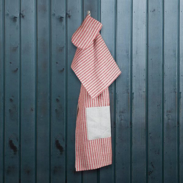 Striped print red linen apron
