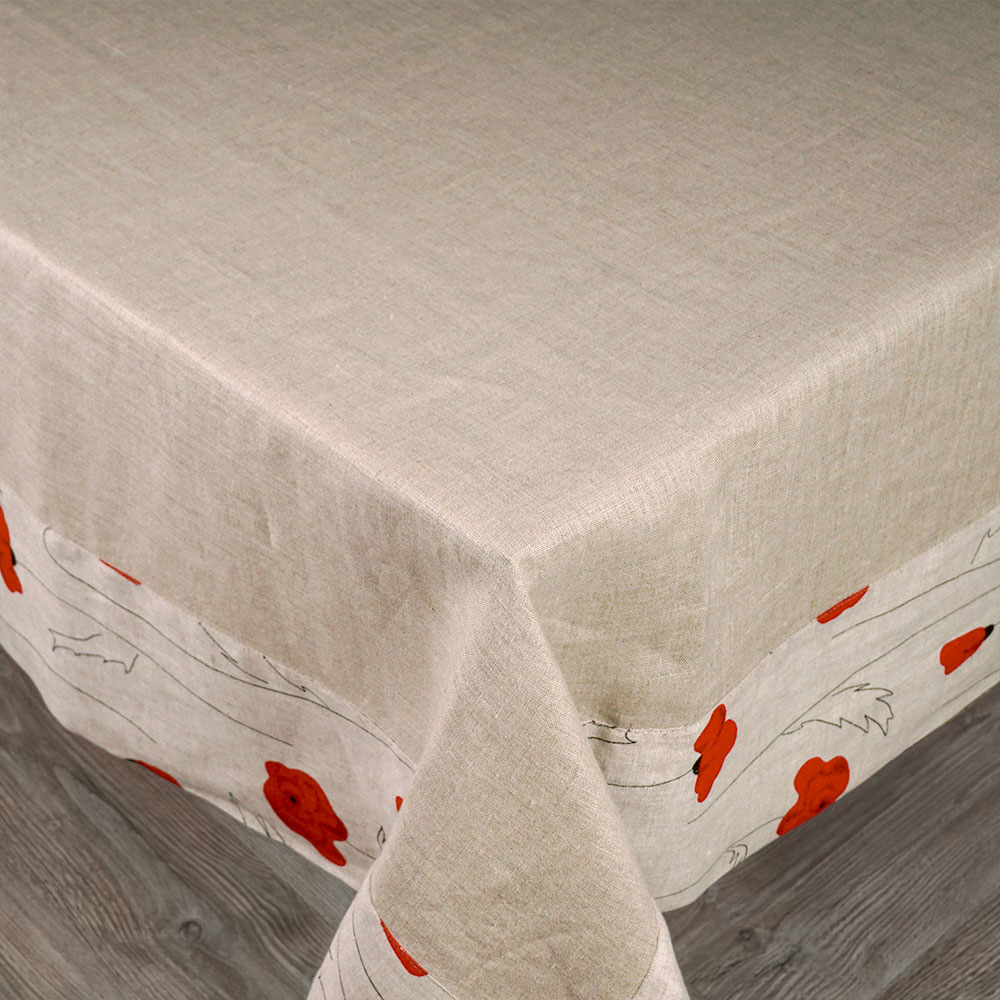 Natural Gray and poppies print edge linen tablecloth