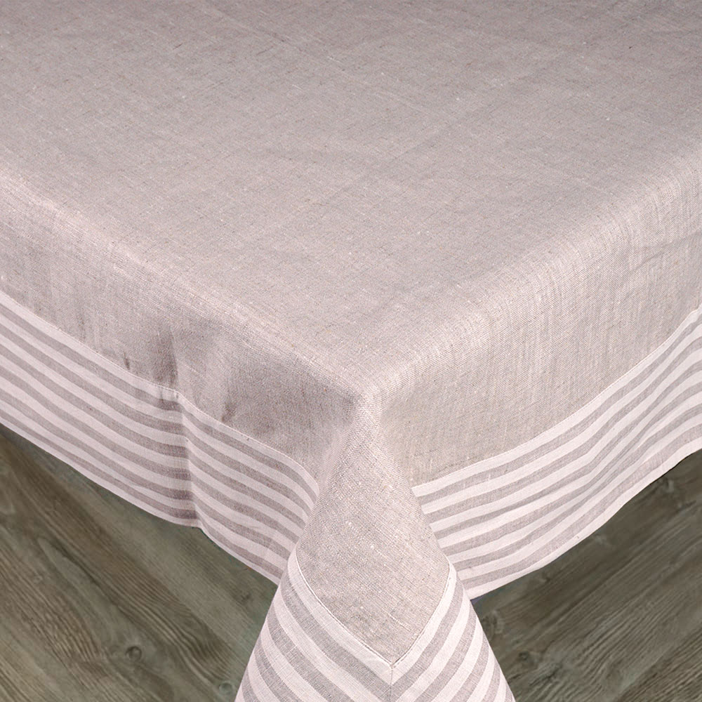 Natural Gray and striped print edge linen tablecloth