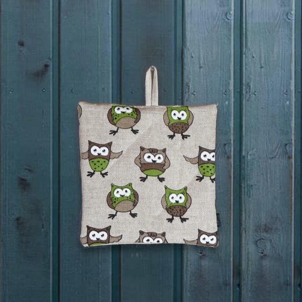 Owl print green linen potholder