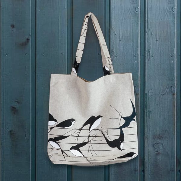 Birds print linen shopping bag