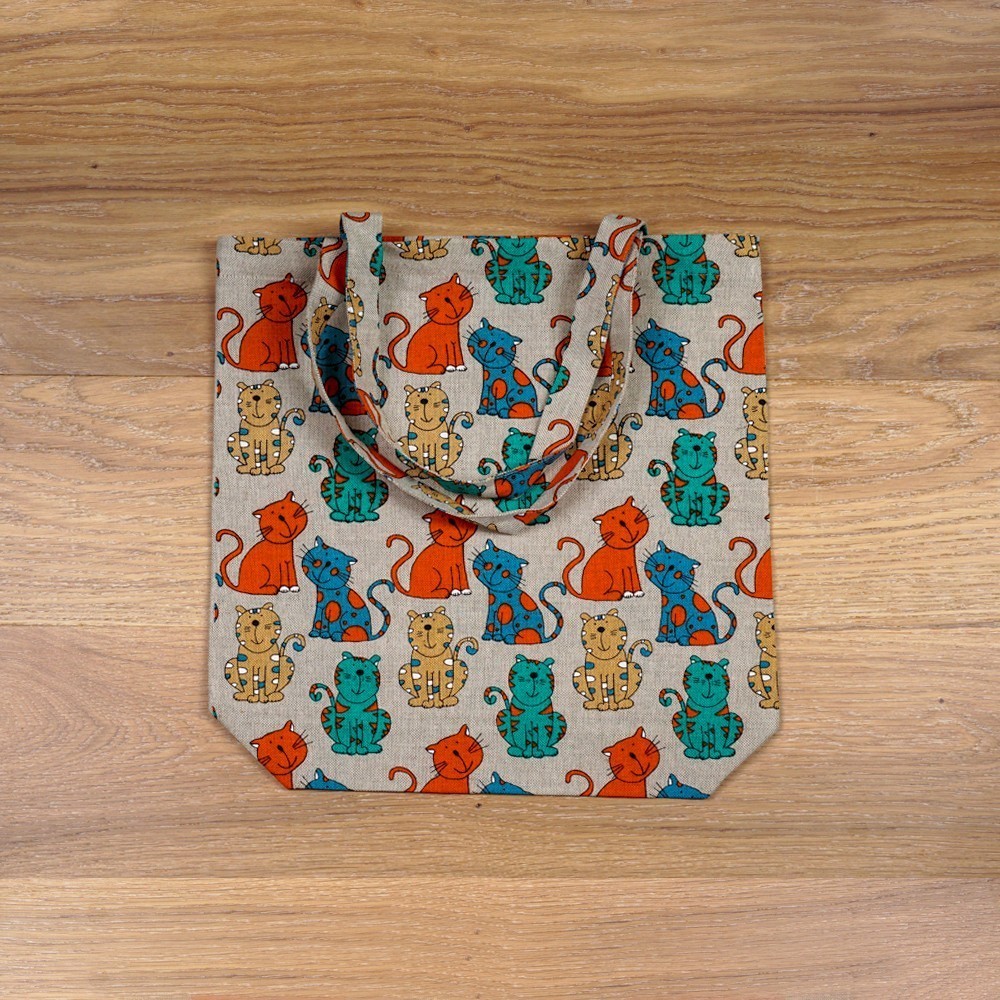 Bright cats print linen shopping bag