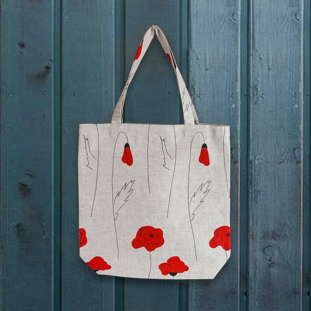 Poppies print linen shopping bag