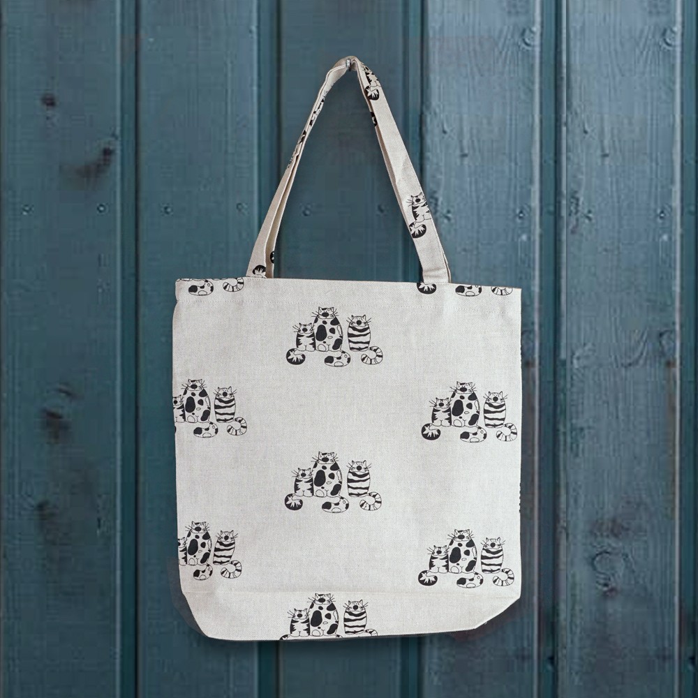 Three cats print linen shopping bag