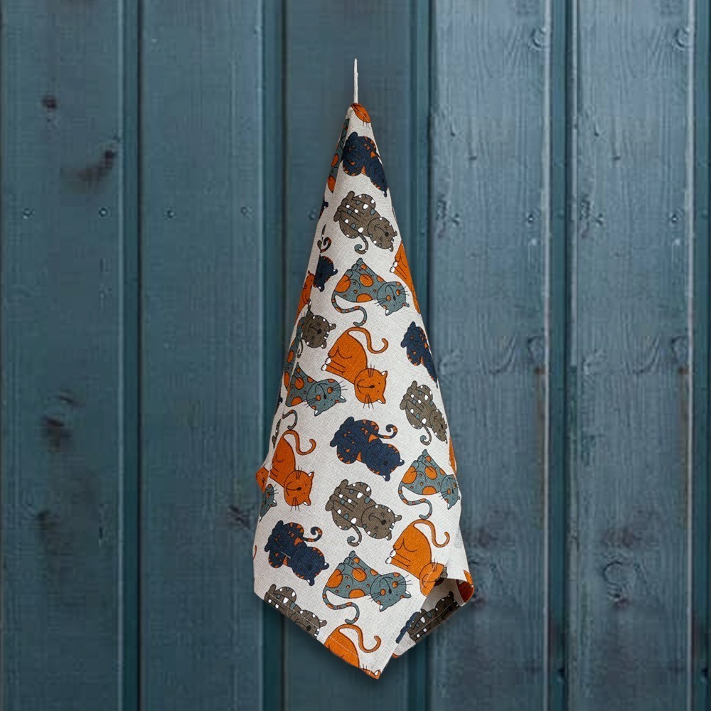 Dark cats print linen kitchen towel