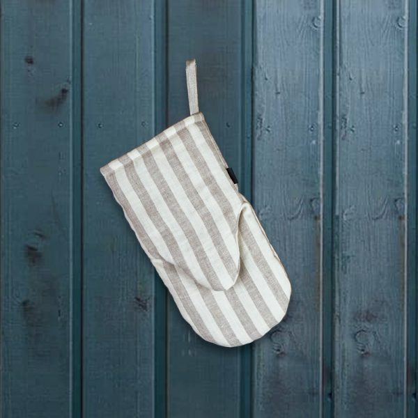 Natural gray striped print linen oven mitten