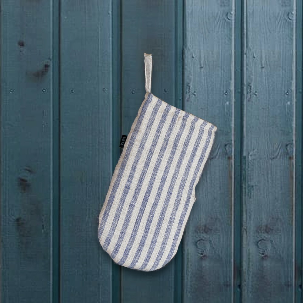 Blue striped print linen oven mitten