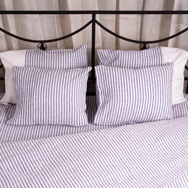 Blue white pinstriped stonewashed linen bed sheet