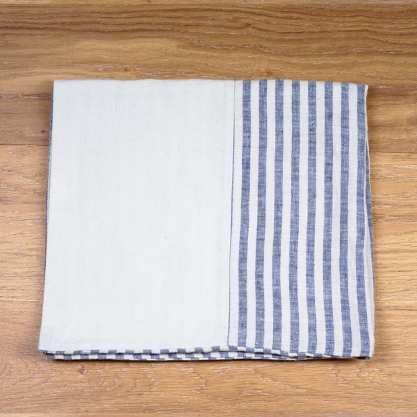 White stonewashed linen pillowcase with blue strip insert
