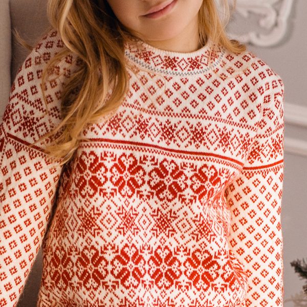 Berty red white sweater with nordic jacquard knit