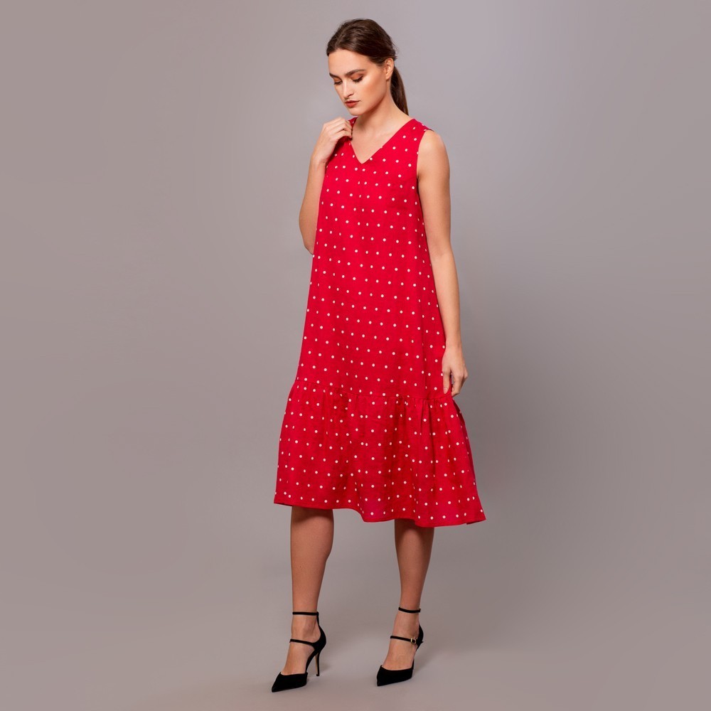 Dilja pure linen dots print dress red