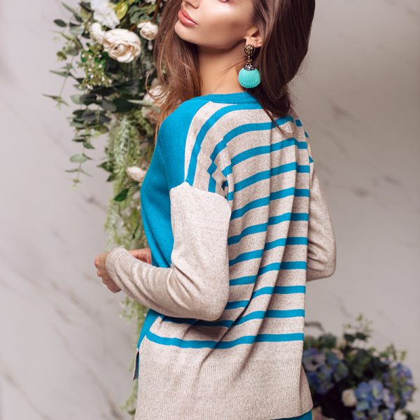 Loviz v-neck fine knit striped pullover blue lagoon