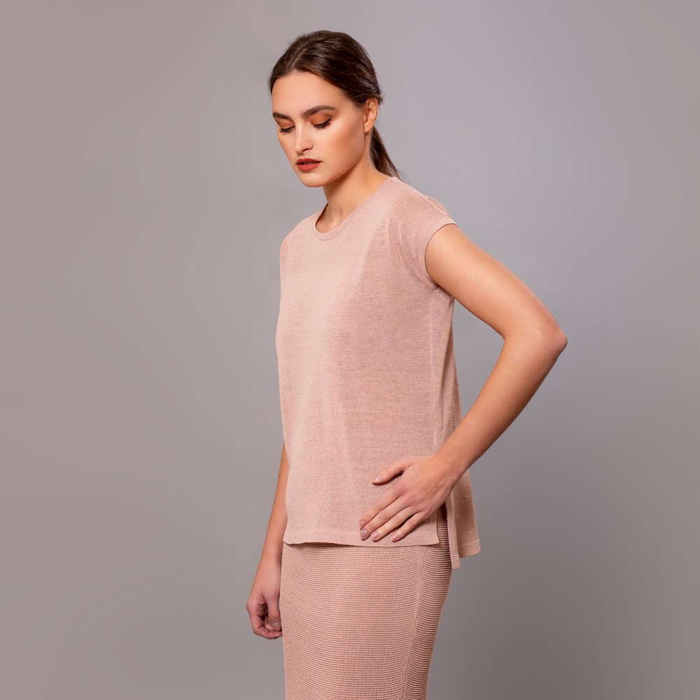 Barb o-neck short sleeve knit top light pink