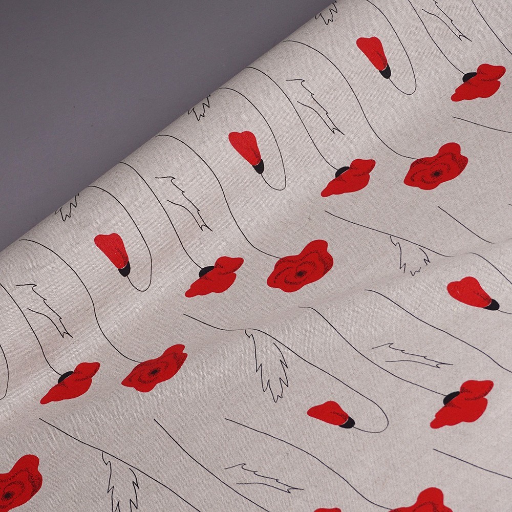 Poppies print natural linen fabric