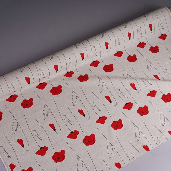 Poppies print natural linen fabric