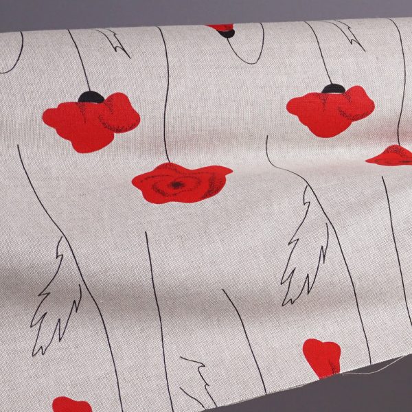 Poppies print natural linen fabric