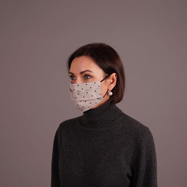 Grey linen reusable mask with black dots