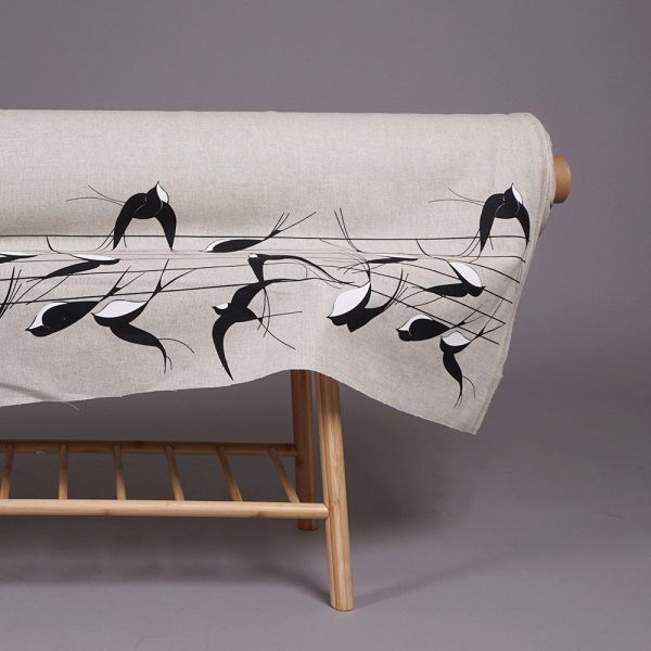 Birds print natural linen fabric