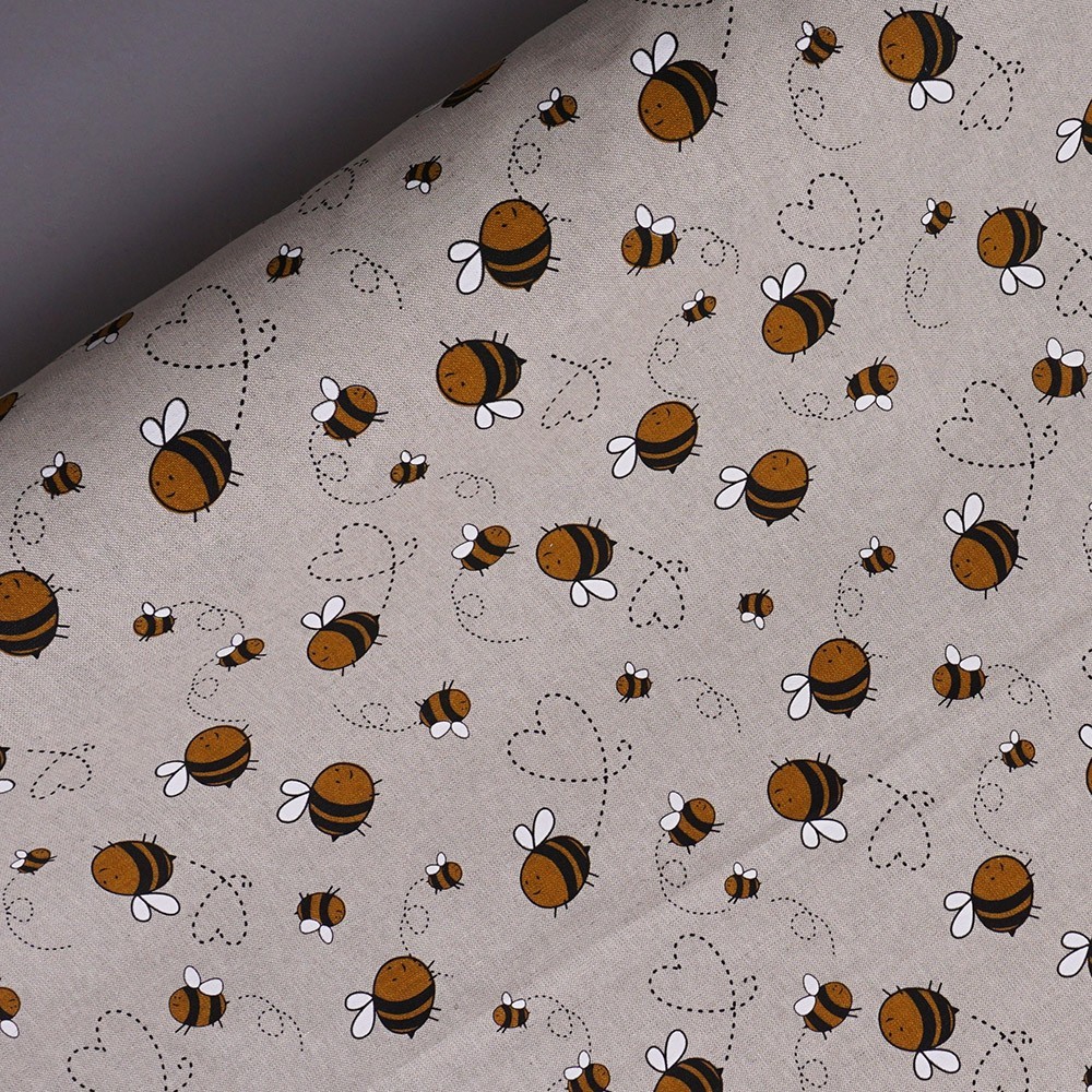 Bees print natural linen fabric
