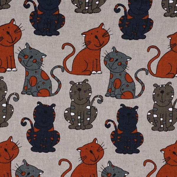Dark cats print natural linen fabric