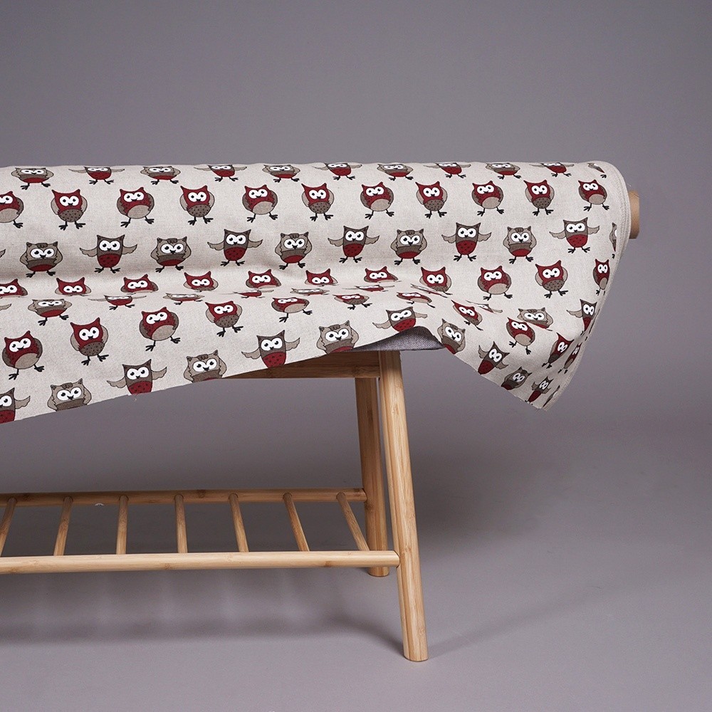 18-brown owl print linen fabric 2 Bordo owl print natural linen fabric