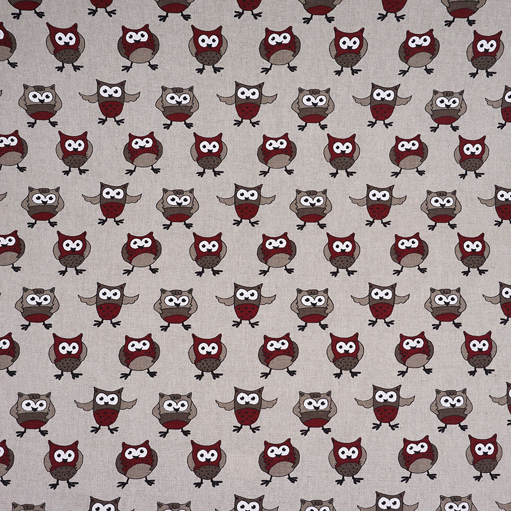 18-brown owl print linen fabric crop Льняная скатерть с принтом "Совы" бордовые
