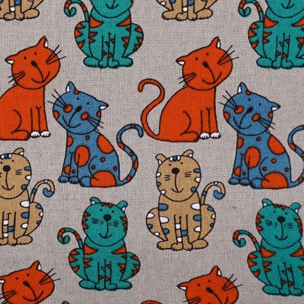 Bright cats print natural linen fabric