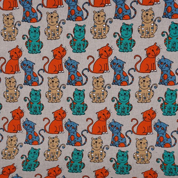 Bright cats print natural linen fabric