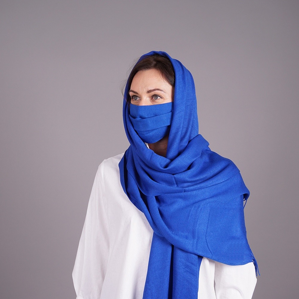 Blue pashmina shawl and royal blue mask set