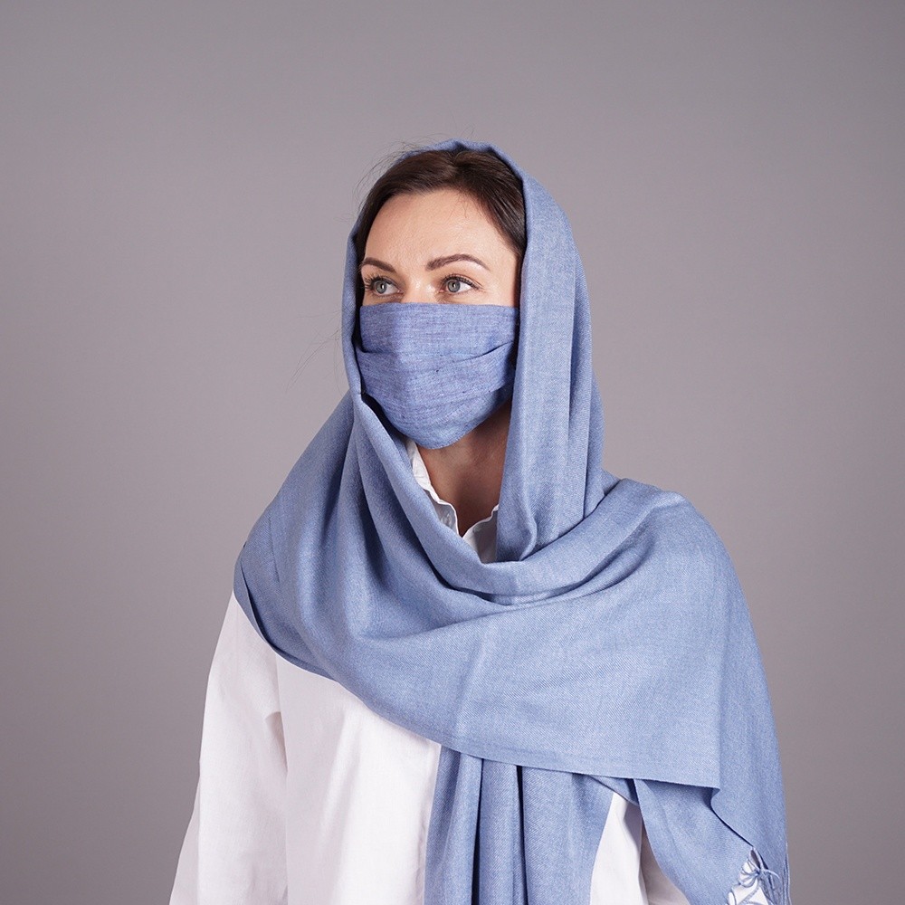 Light blue pashmina shawl and mask set (blue jeans)